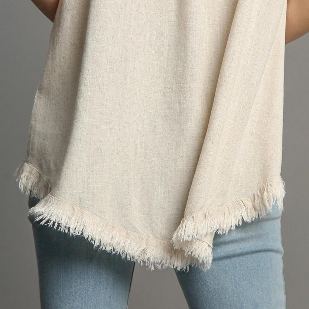 Embroidered Sleeves Linen Cotton Blend Round Neck w/ Frayed High Low Hem - Picture 8 of 15